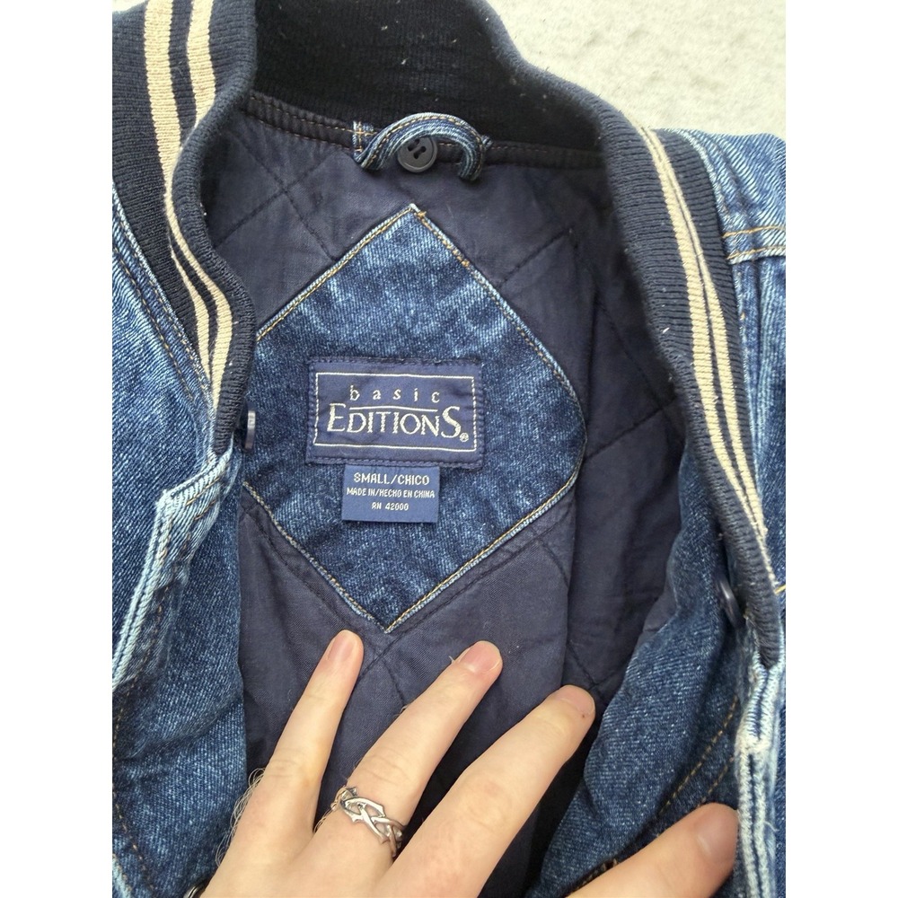 Vintage Denim Bomber Jacket Mens S Blue Tan Cream Quilted Coat 90s AMAZING - Picture 2 of 7